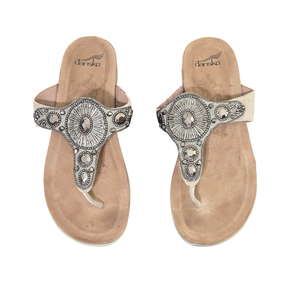 Dansko Sophie Embellished Thong Sandals Tan Leather Beaded Slides Womens 38‎